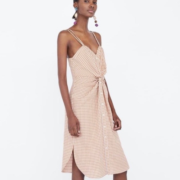 Zara Checkered / Gingham Orange Dress with Twisted Front. - Picture 2 of 4